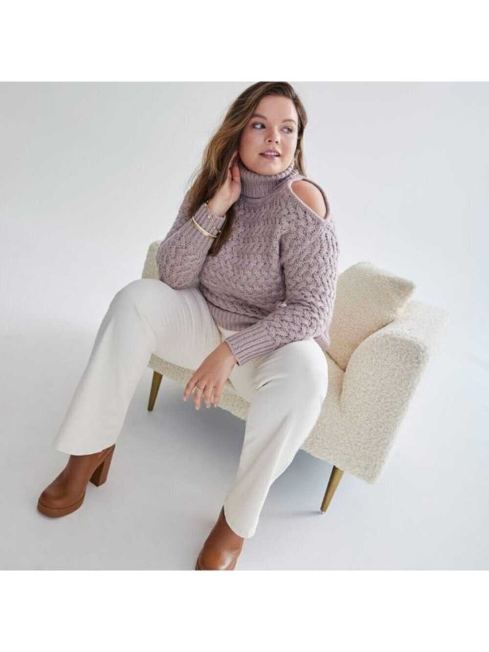 Addition Elle Cable Knit Chunky Turtleneck Sweater Cold Shoulder Tunic winter - Picture 14 of 14